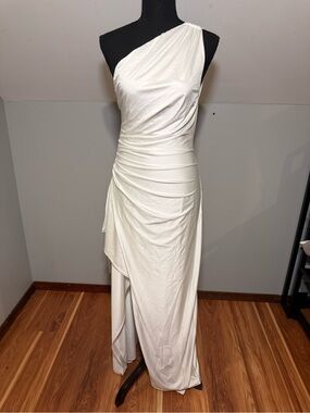 OYS One-Shoulder White Satin Evening Gown